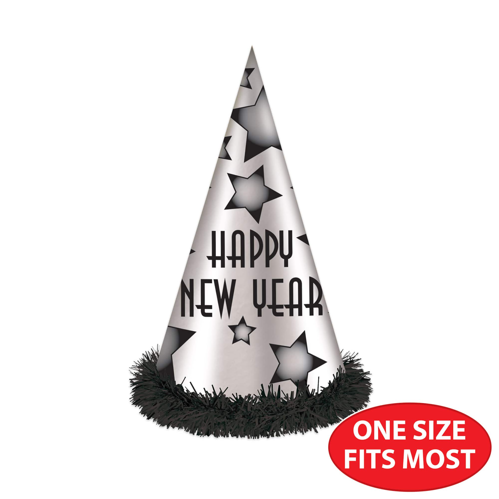12" Black & Silver Happy New Year Cone Party Hats, 25ct.